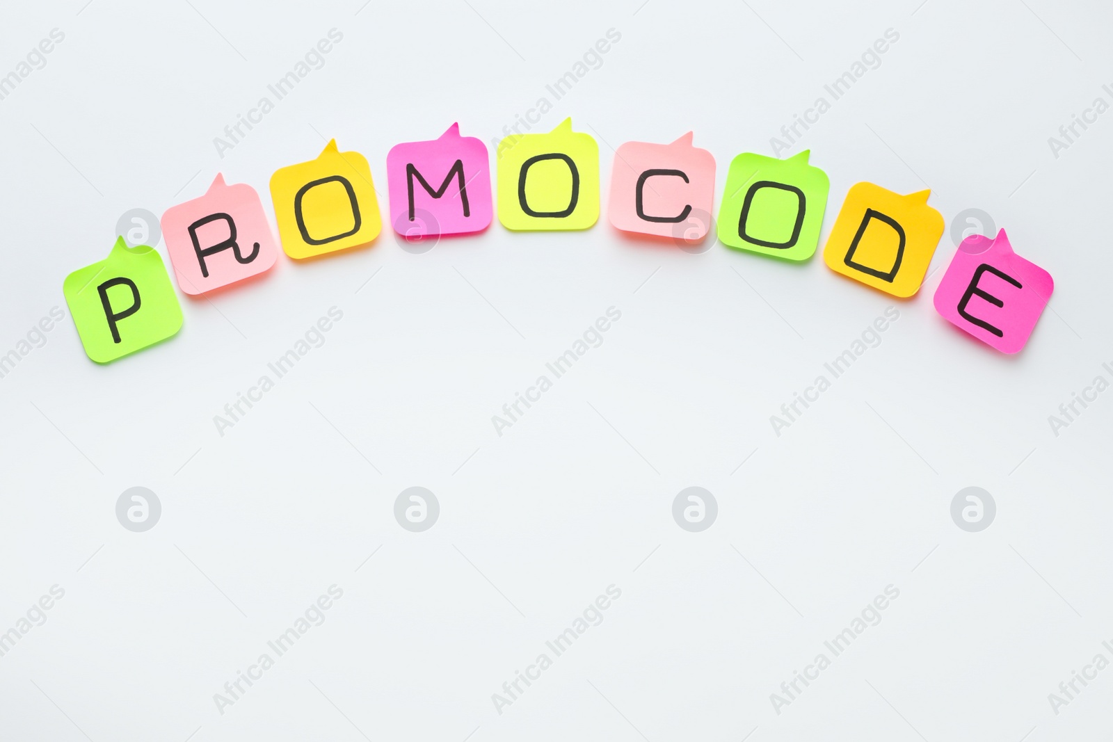 Photo of Sticky notes with words Promo Code on white background, flat lay. Space for text