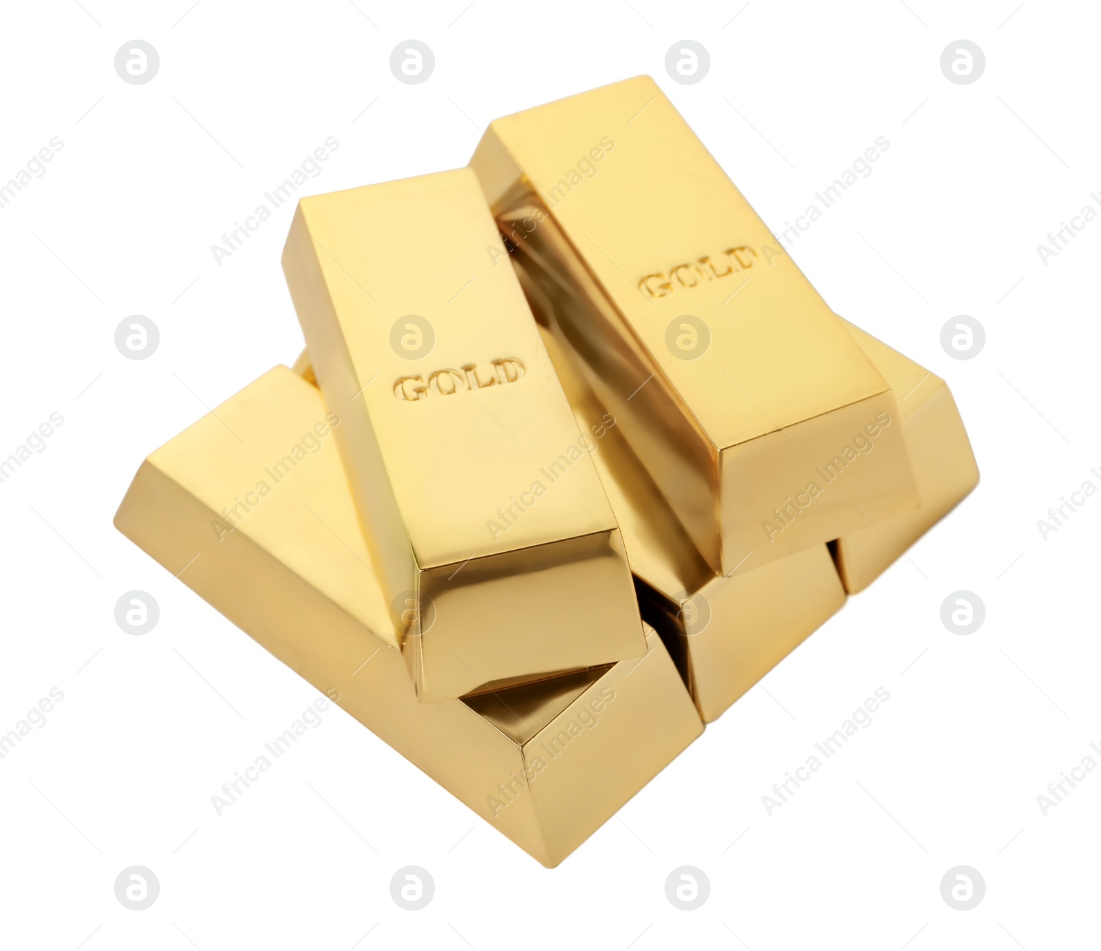 Photo of Precious shiny gold bars on white background