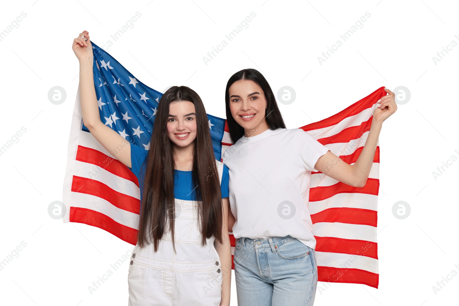 Image of 4th of July - Independence day of America. Happy mother and daughter with national flag of United States on white background