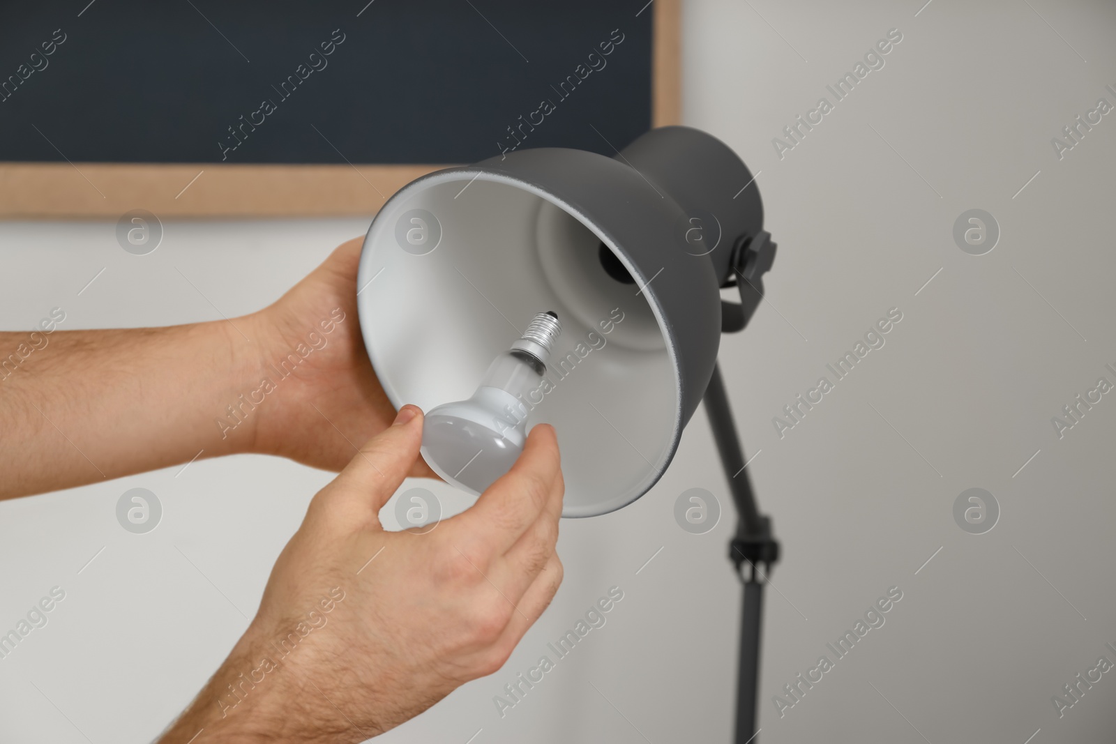 Photo of Man changing light bulb in desk lamp indoors, closeup