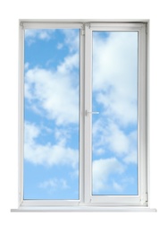 Image of Blue sky with clouds, view through plastic window