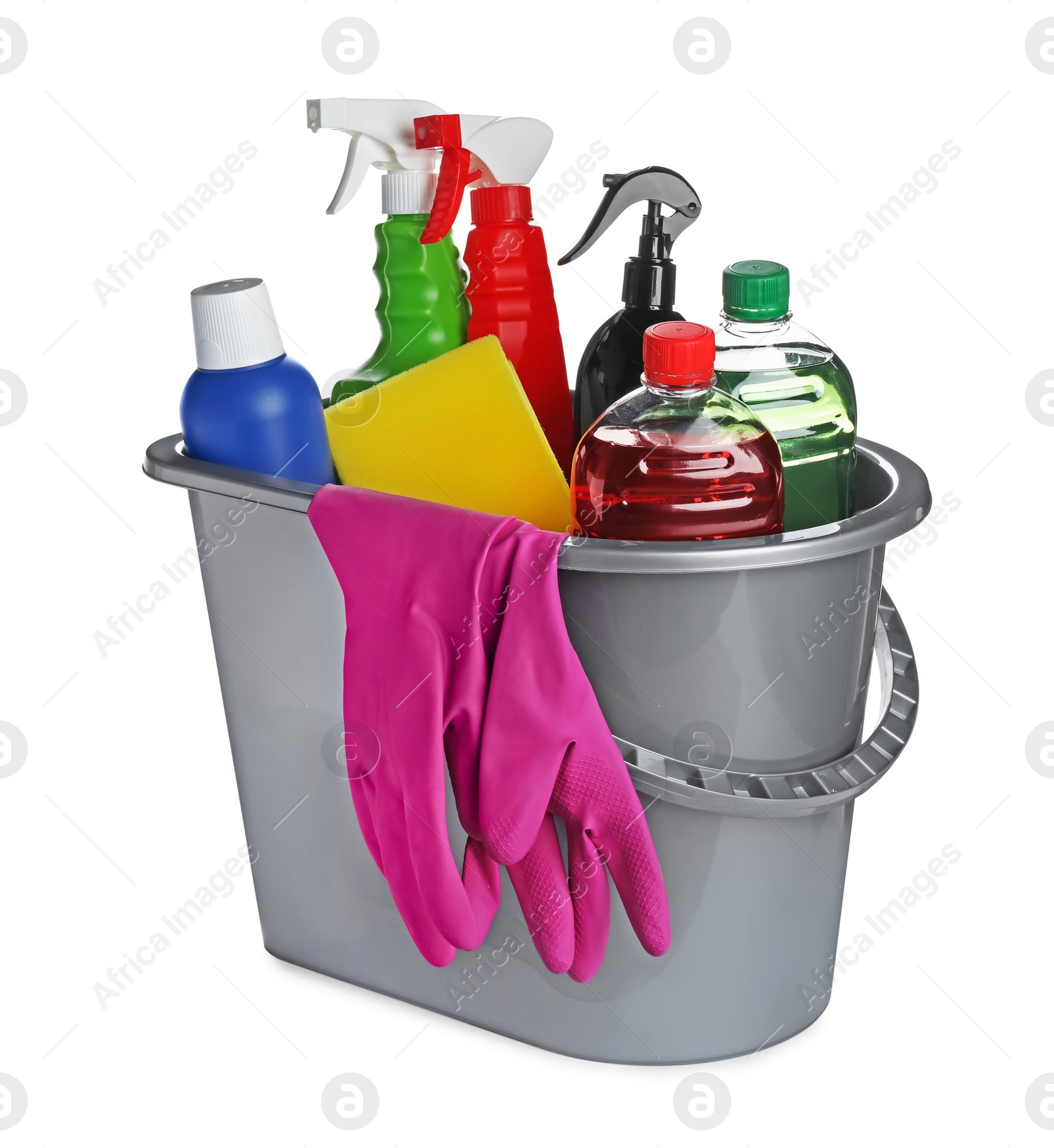 Photo of Grey bucket and many different car wash products on white background