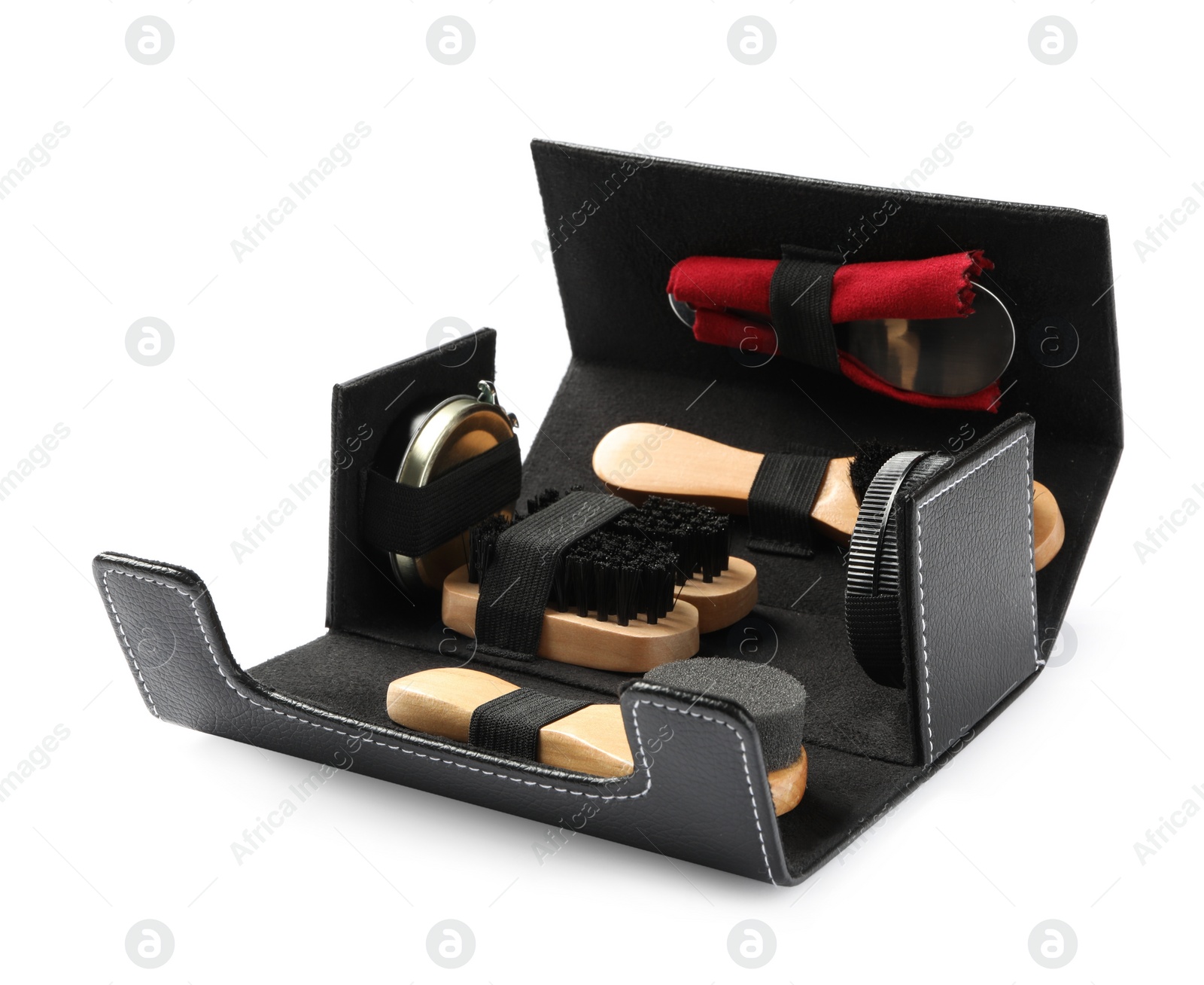 Photo of Bag with shoe care accessories on white background