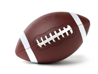 Photo of Leather American football ball on white background