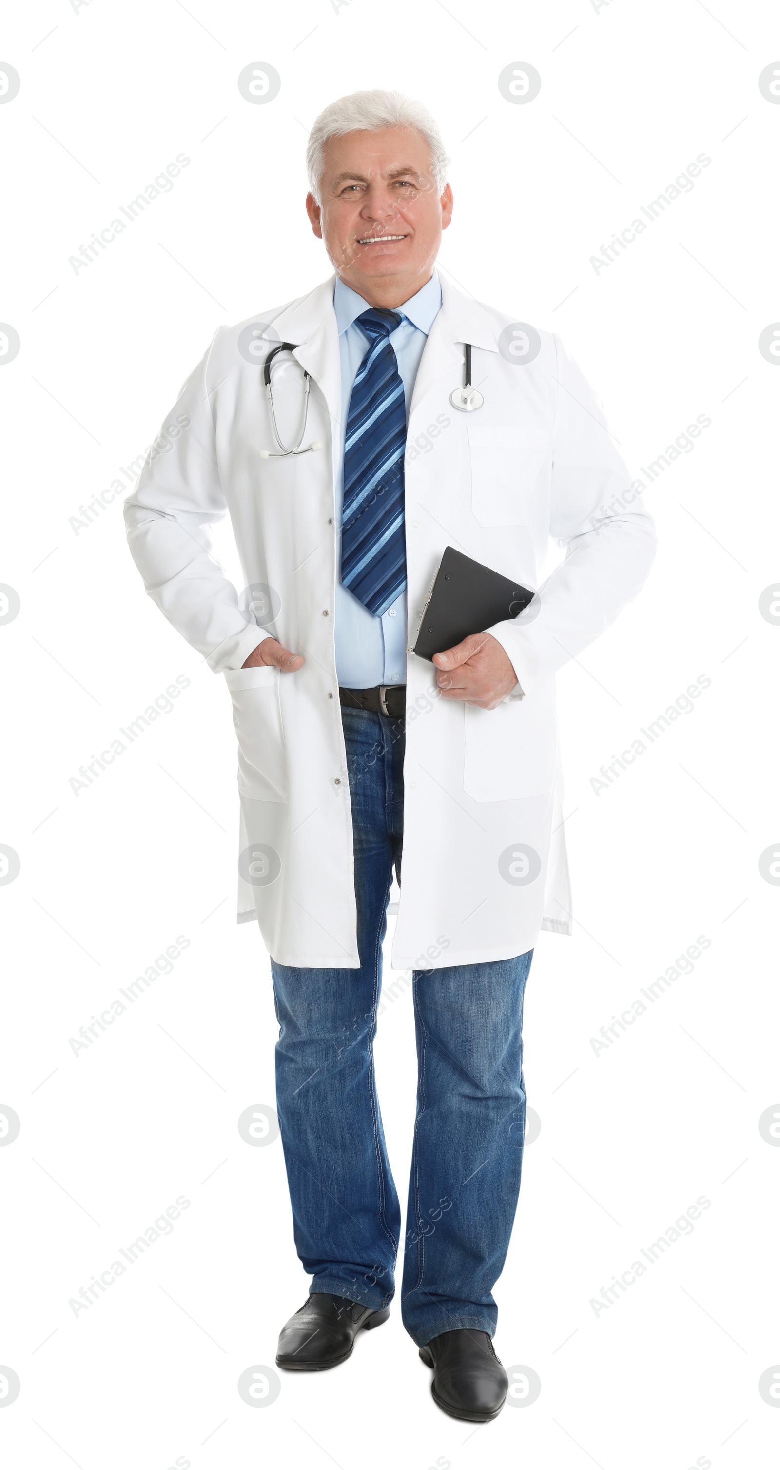 Photo of Senior doctor with clipboard on white background