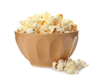 Bowl with delicious fresh popcorn on white background