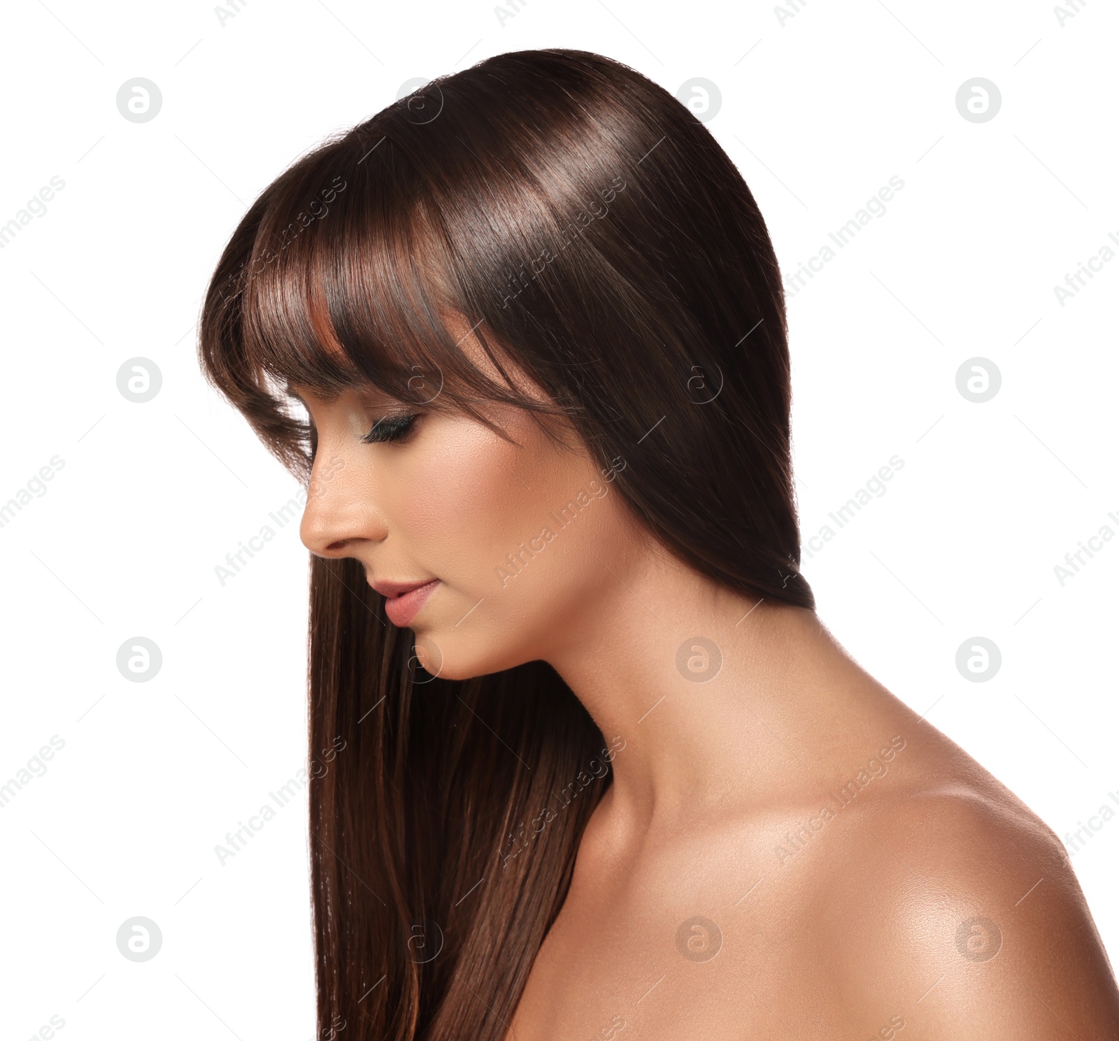 Image of Attractive woman with shiny straight hair on white background. Professional hairstyling