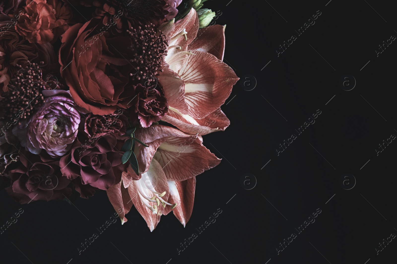 Photo of Beautiful bouquet of different flowers on black background, space for text. Floral card design with dark vintage effect