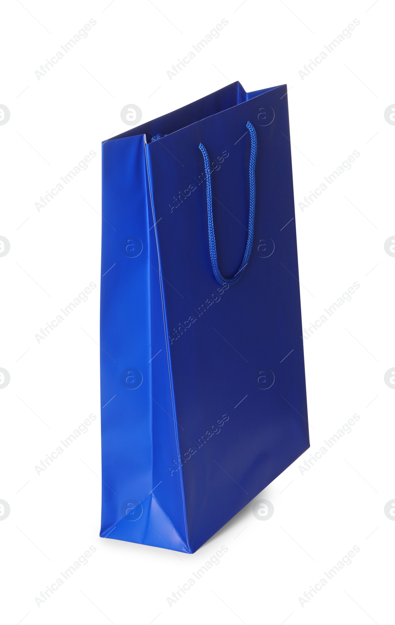 Photo of One blue shopping bag isolated on white