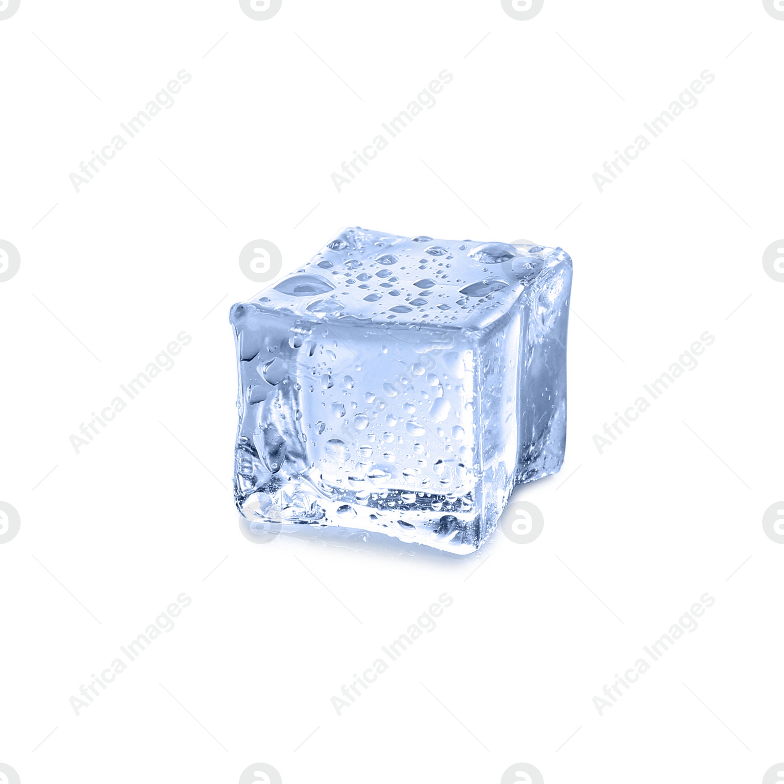 Photo of Crystal clear ice cube with water drops isolated on white