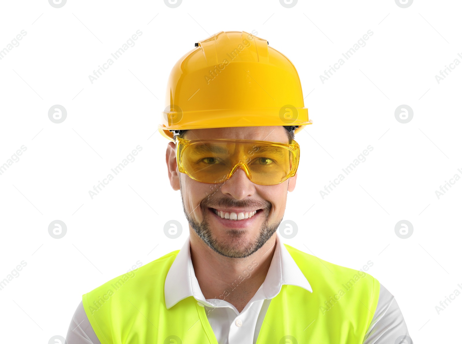 Photo of Male industrial engineer in uniform on white background. Safety equipment