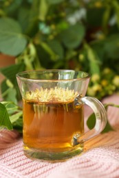 Glass cup of aromatic tea with linden blossoms on pink cloth