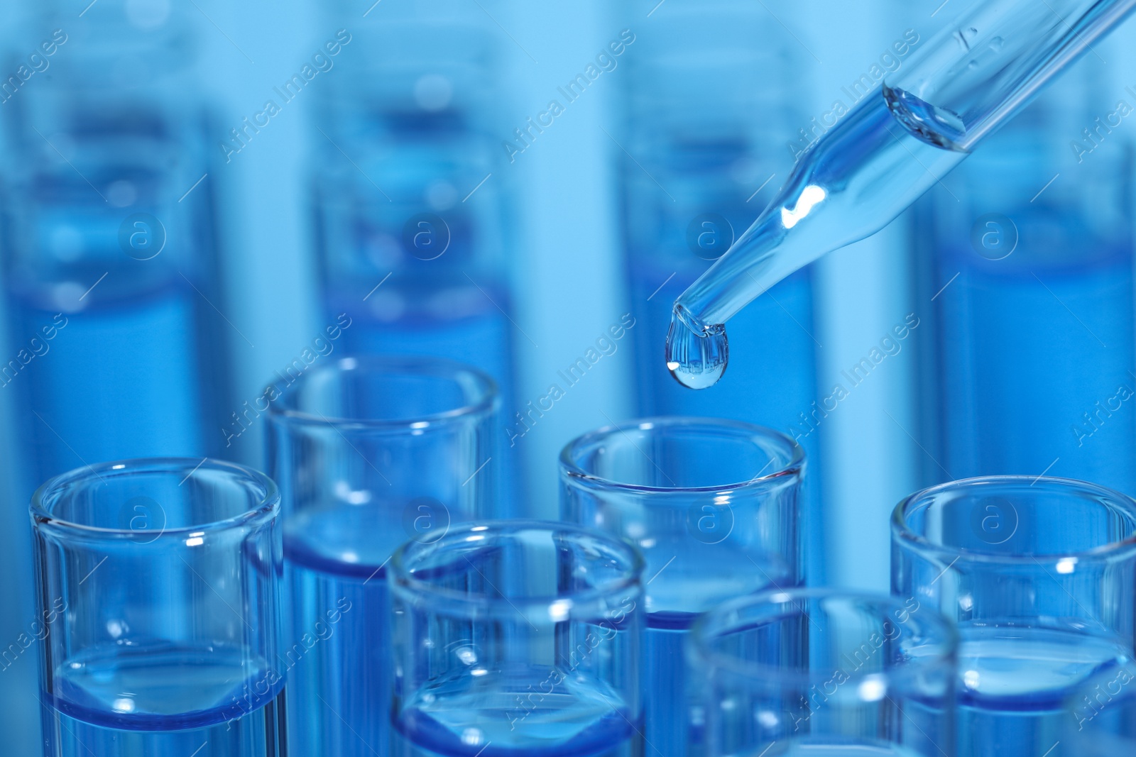 Photo of Dripping reagent into test tube on light blue background, closeup and space for text. Laboratory analysis