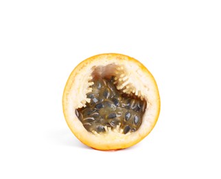 Half of delicious yellow passion fruit isolated on white
