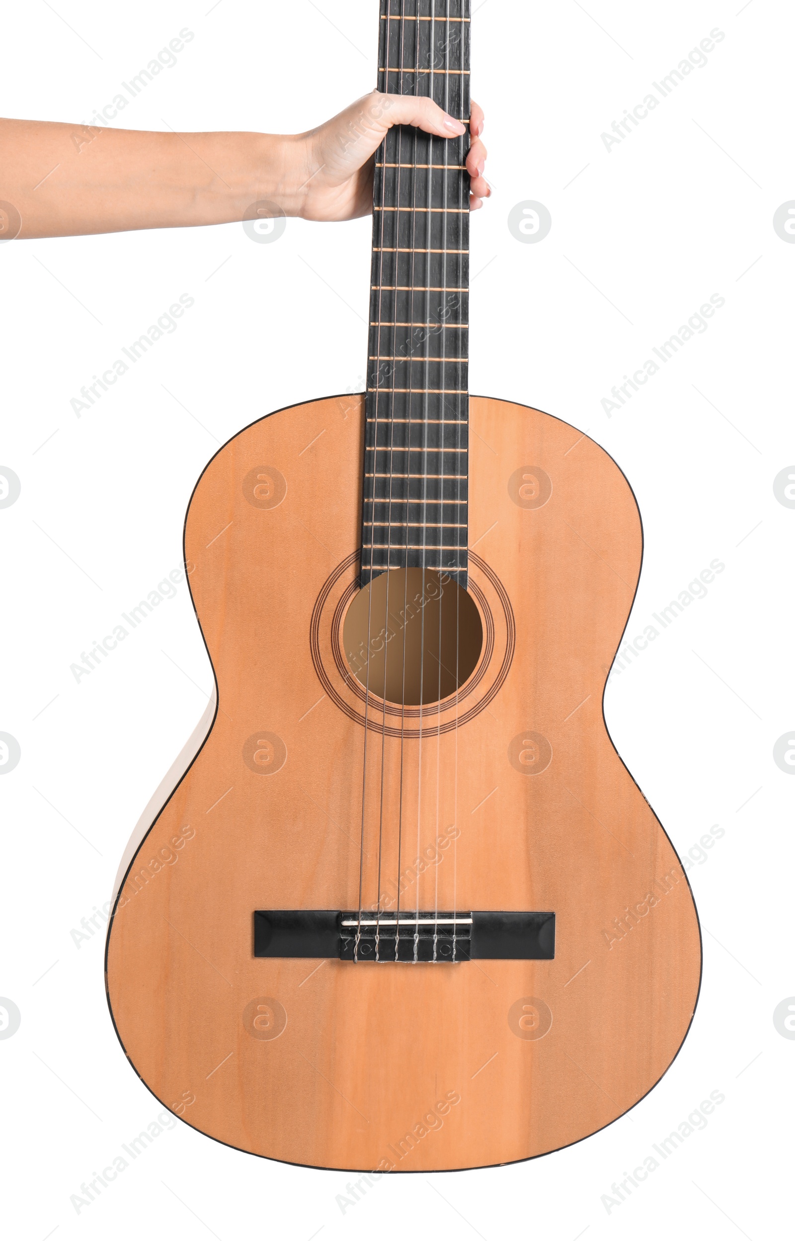 Photo of Woman holding acoustic guitar on white background, closeup