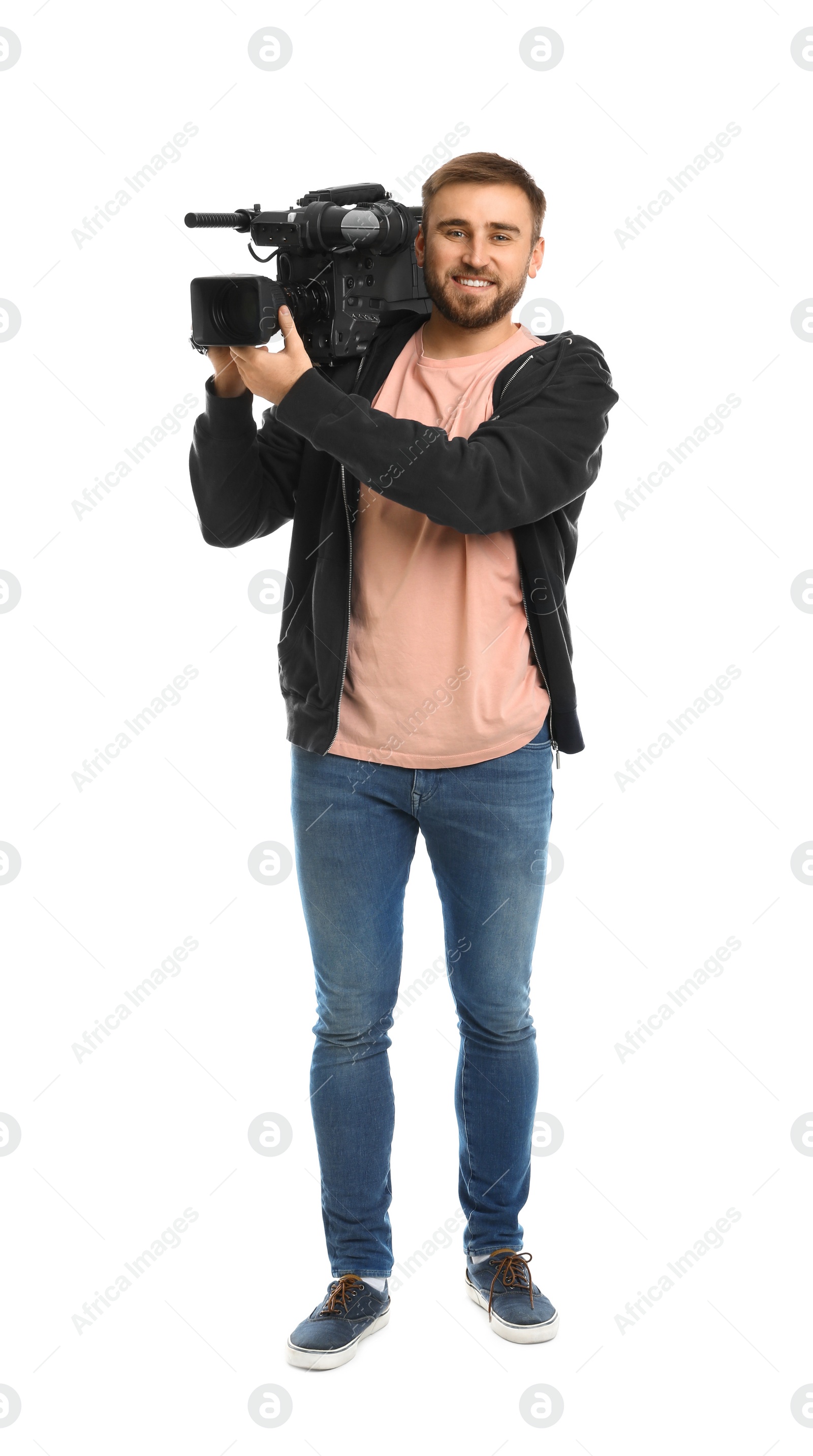 Photo of Operator with professional video camera on white background