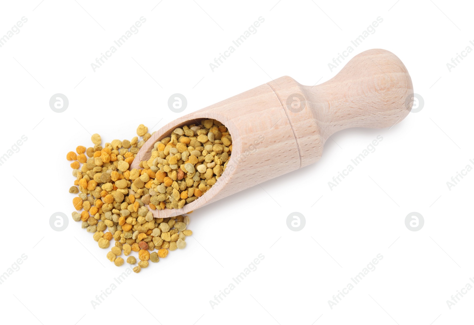 Photo of Scoop with fresh bee pollen granules isolated on white, top view