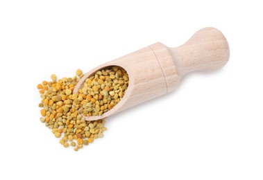 Photo of Scoop with fresh bee pollen granules isolated on white, top view