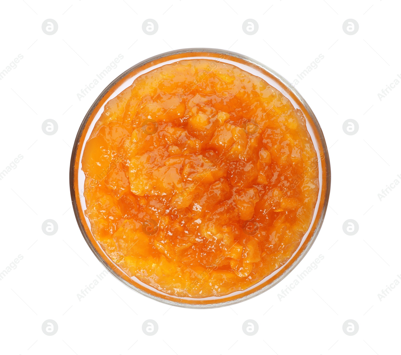 Photo of Bowl with peach jam on white background, top view