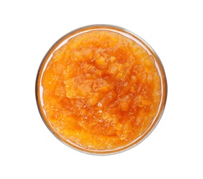 Photo of Bowl with peach jam on white background, top view