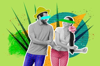 Happy couple dancing on bright background, creative collage. Stylish art design