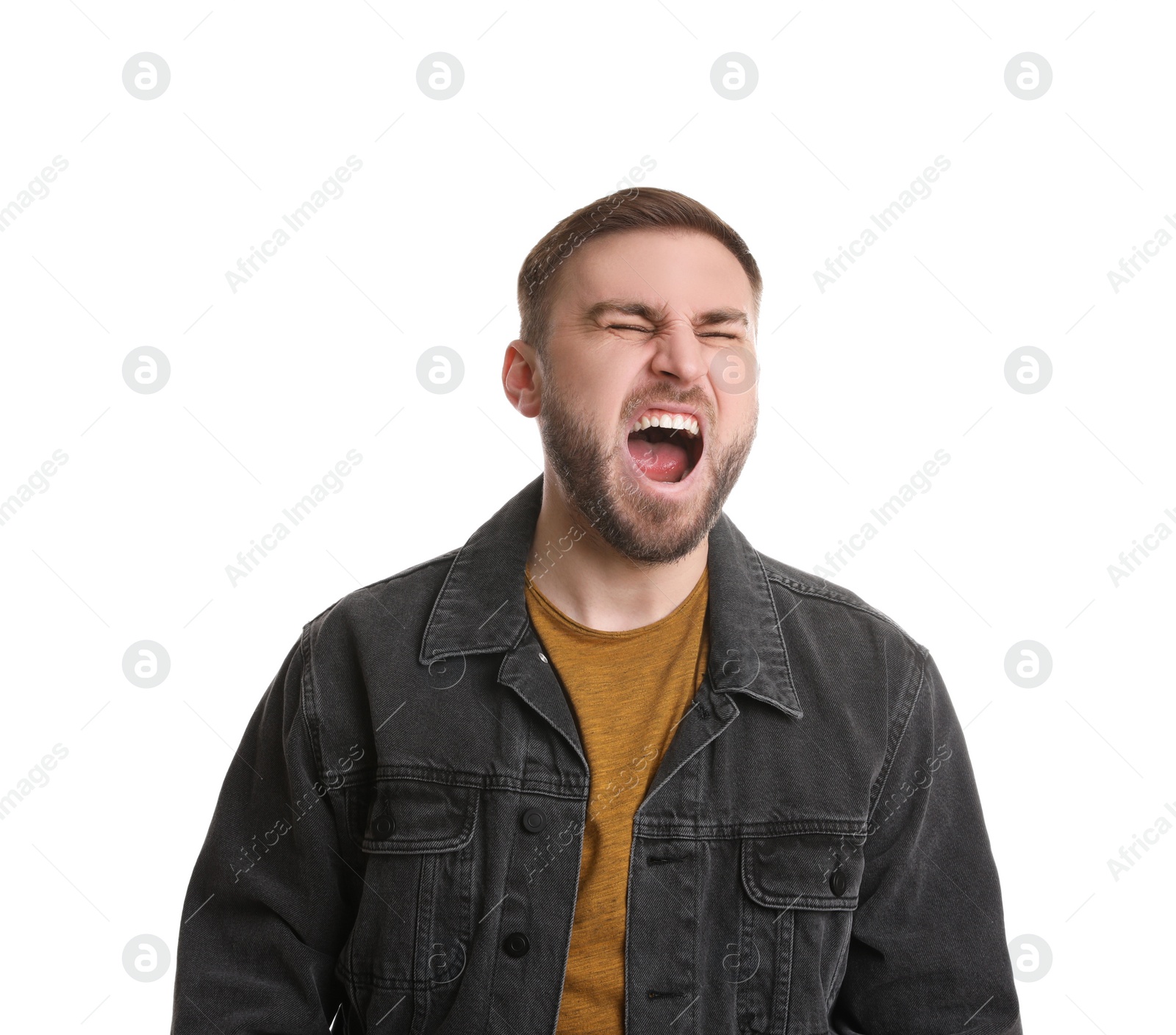 Photo of Portrait of emotional young man on white background. Personality concept