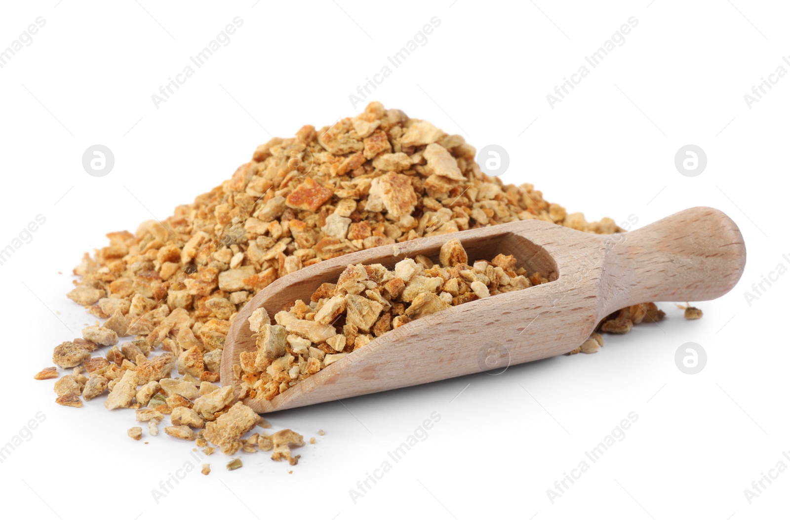 Photo of Dried orange zest seasoning and scoop isolated on white