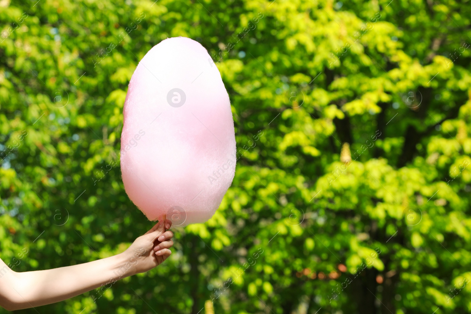 Photo of Woman holding sweet cotton candy outdoors, closeup. Space for text