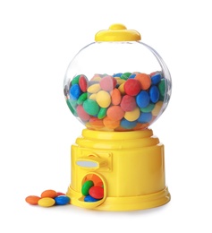 Small vending machine with colorful candies on white background