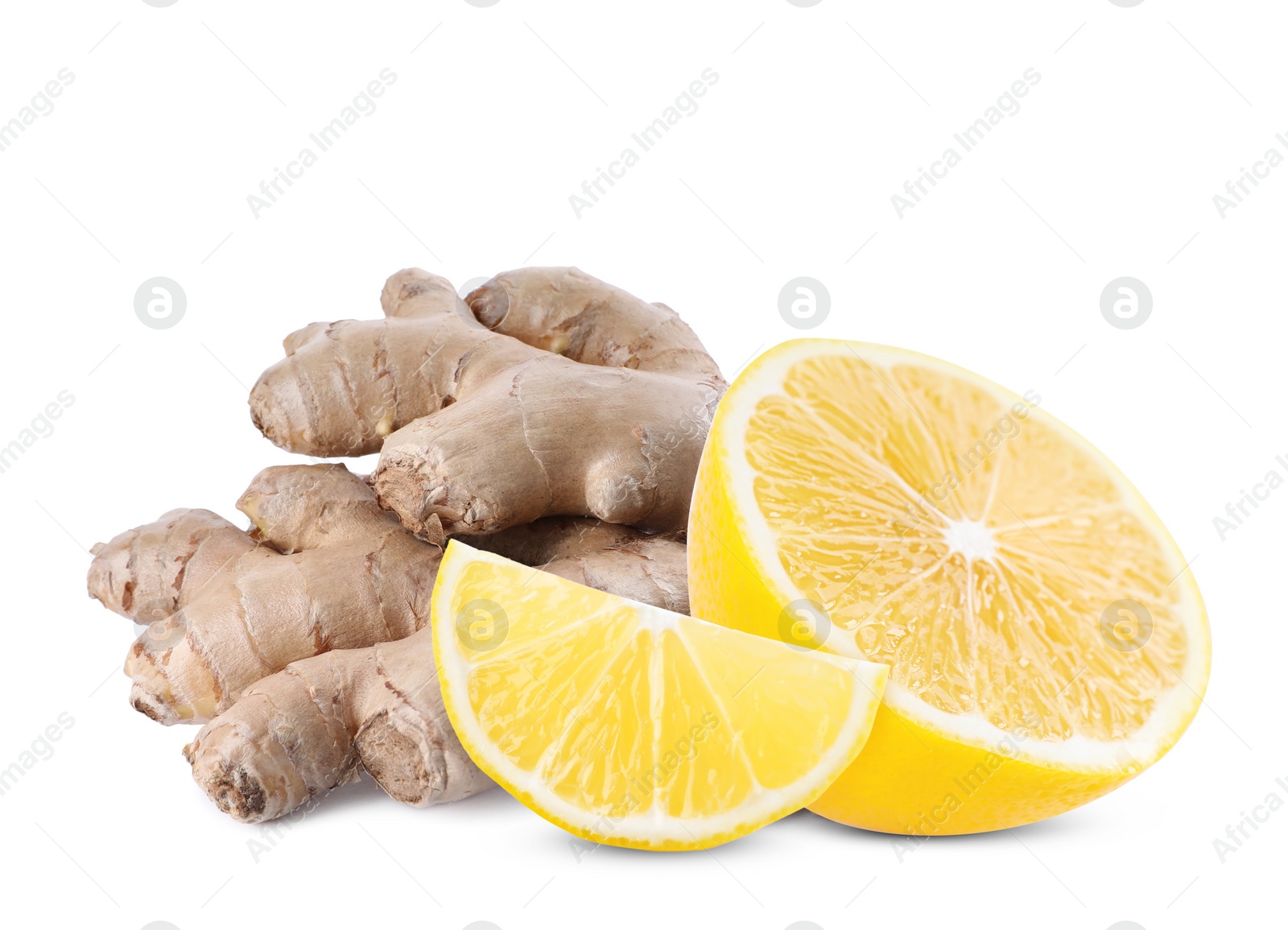 Image of Fresh ginger root and lemon on white background