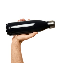 Man holding black thermos bottle on white background, closeup
