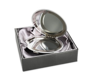 Photo of Cosmetic pocket mirror in box isolated on white