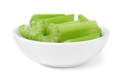 Photo of Bowl of fresh cut celery isolated on white