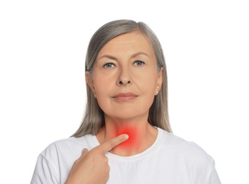 Image of Endocrine system. Senior woman doing thyroid self examination on white background