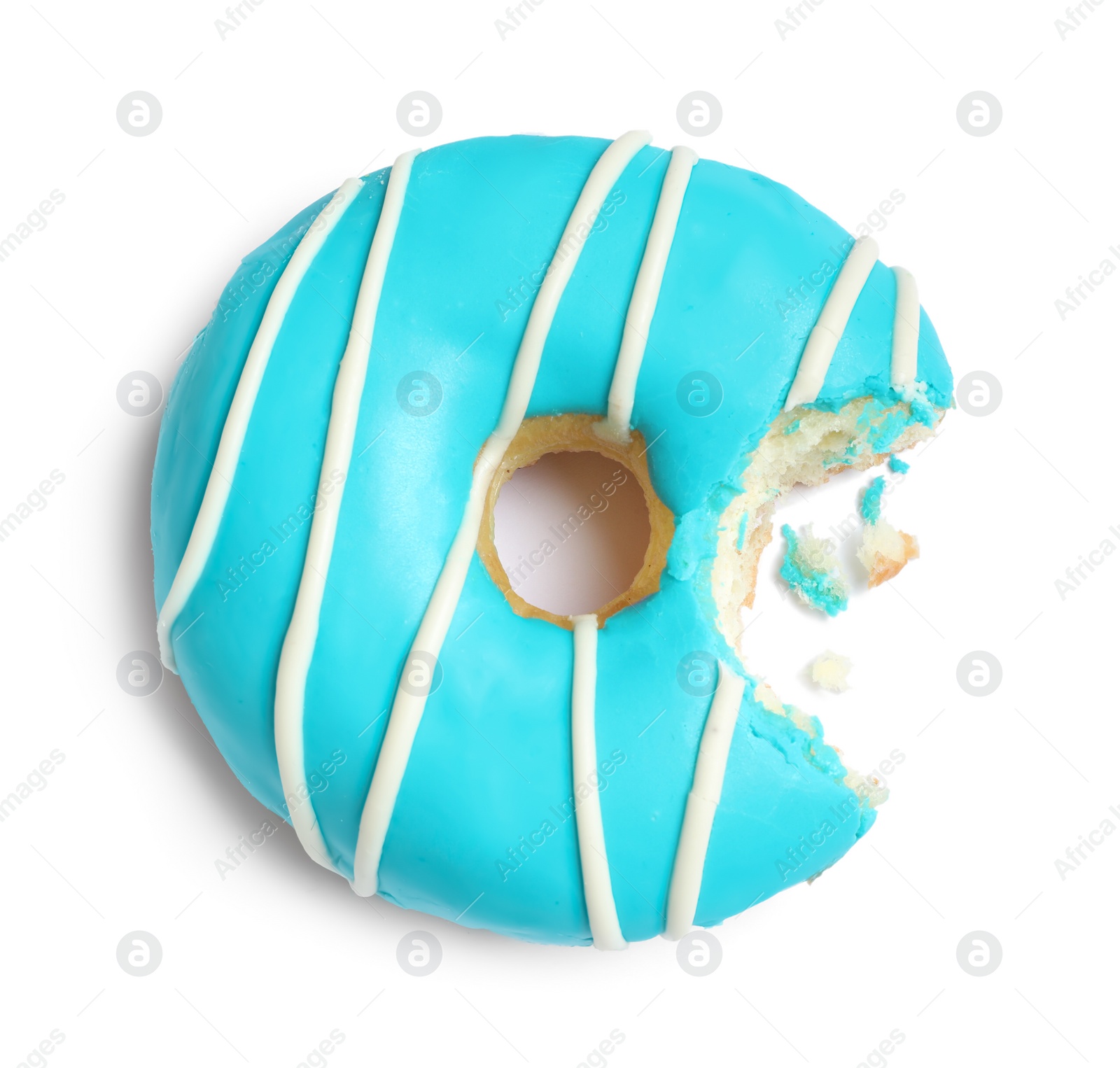 Photo of Sweet bitten glazed donut isolated on white, top view