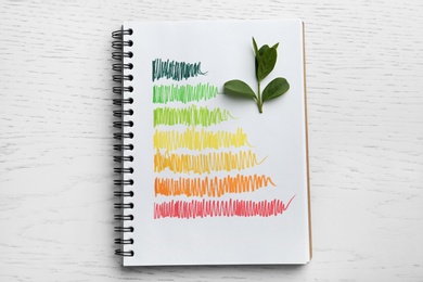 Photo of Notebook with colorful bars and leaves on white wooden background, flat lay. Energy efficiency rating chart