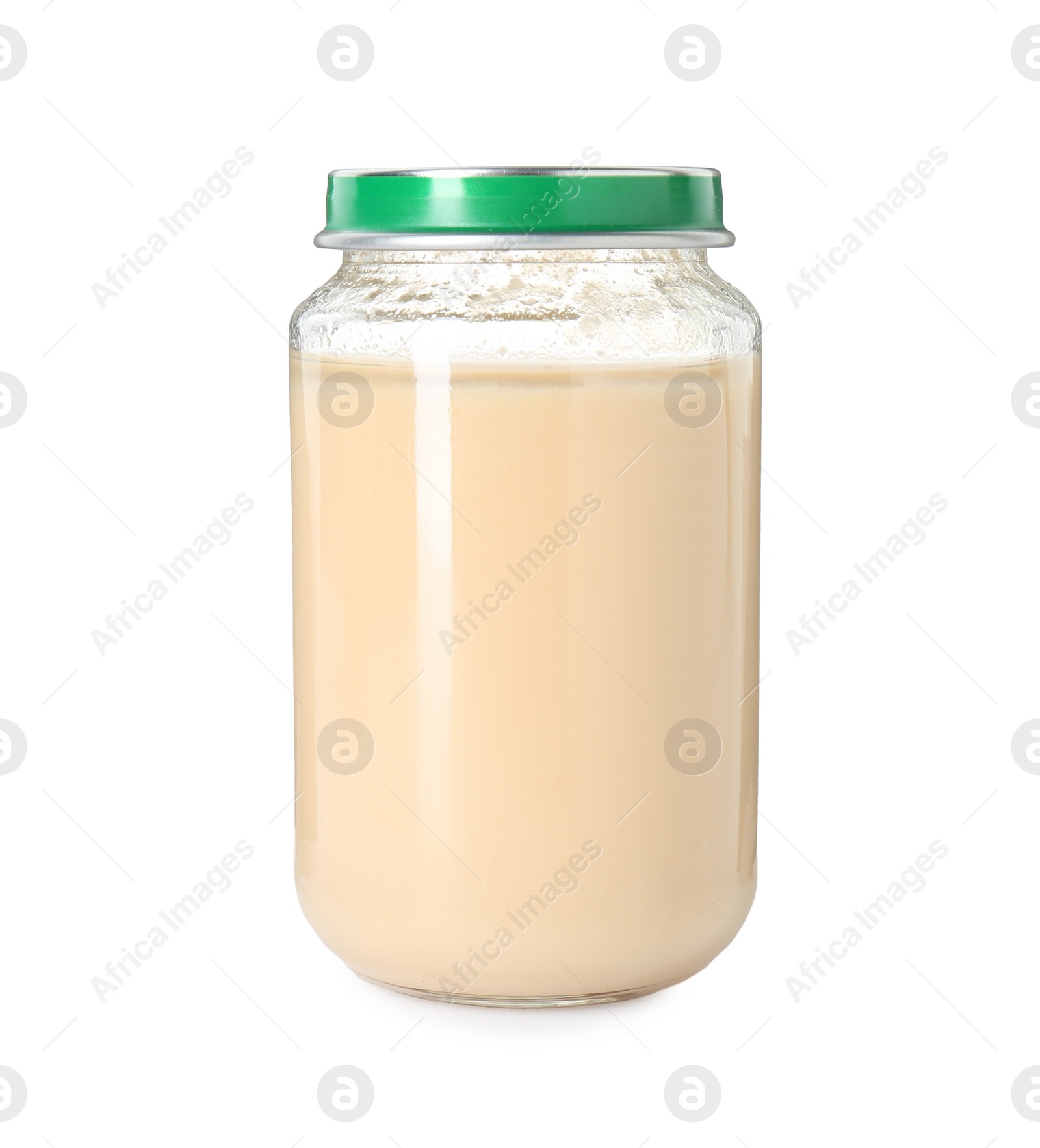 Photo of Baby food. Tasty healthy puree in jar isolated on white