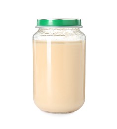 Photo of Baby food. Tasty healthy puree in jar isolated on white