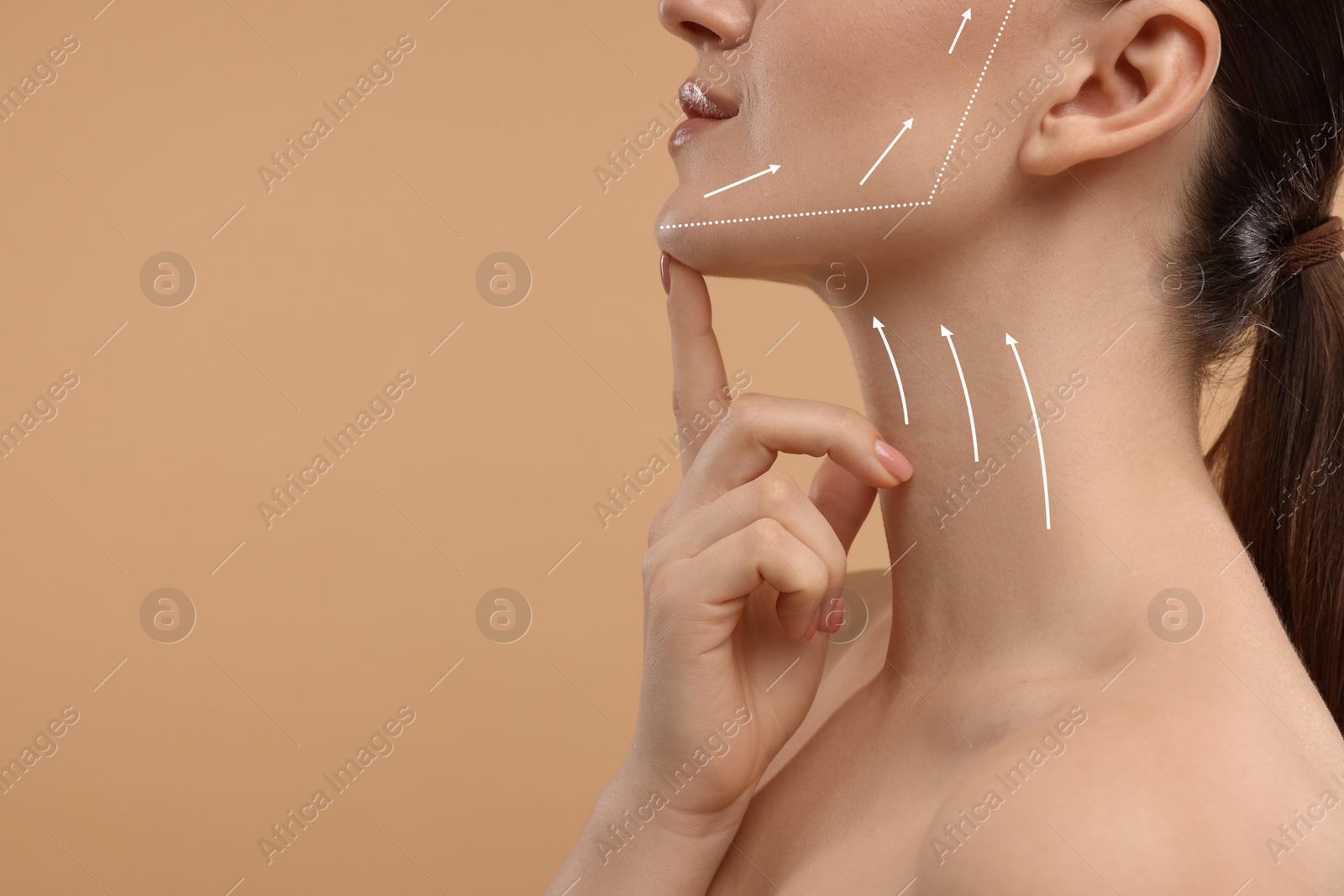 Image of Woman with perfect skin after cosmetic treatment on beige background, space for text. Lifting arrows on her neck and face