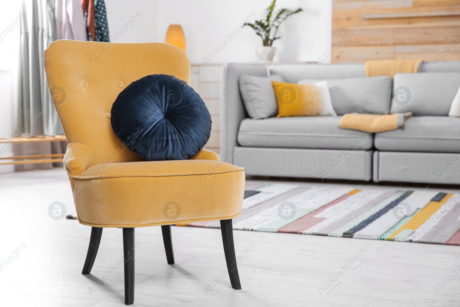 Comfortable armchair with soft cushion in modern living room interior. Space for text Photo of Comfortable armchair with soft cushion in modern living room interior. Space for text