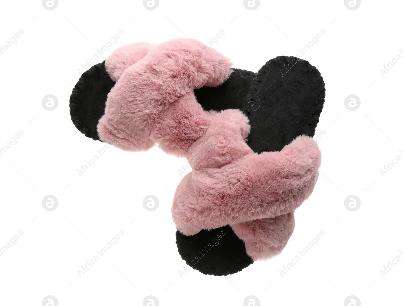 Photo of Pair of soft open toe slippers with pink fur on white background, top view