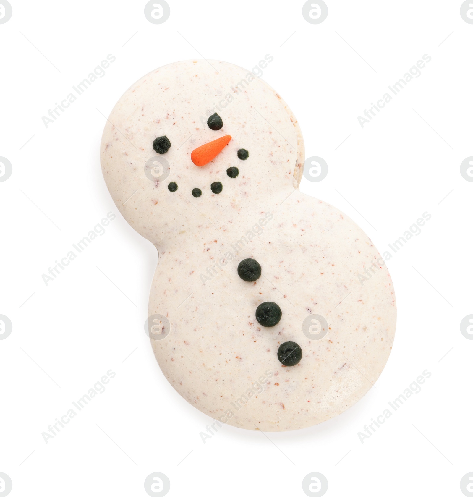 Photo of Beautiful snowman Christmas macaron isolated on white, top view