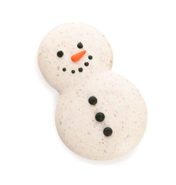 Photo of Beautiful snowman Christmas macaron isolated on white, top view
