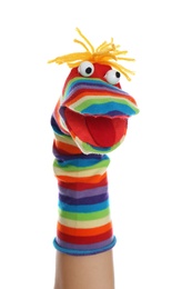 Photo of Funny sock puppet for show on hand against white background