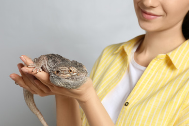 Photo of Woman holding bearded lizard on grey background, closeup. Exotic pet