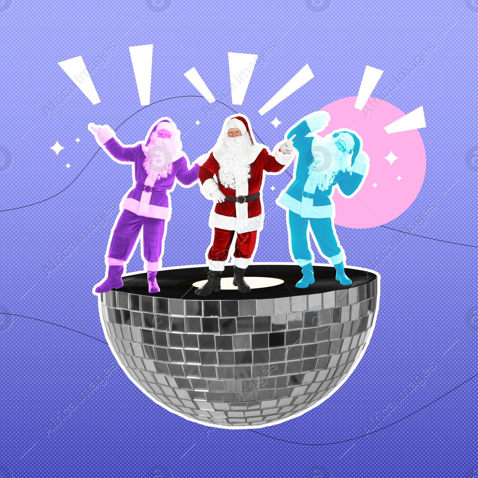 Image of Winter holidays bright artwork. Santa Clauses dancing on halved disco ball against color background, creative collage