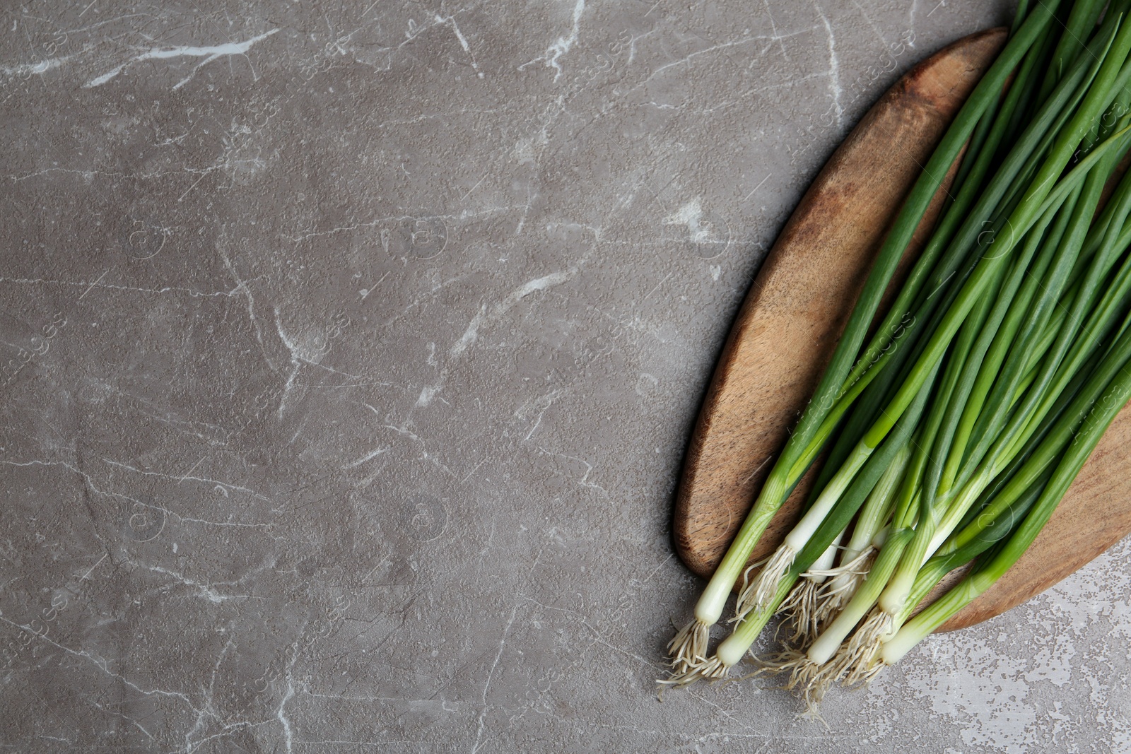 Photo of Fresh green spring onions on grey marble table, top view. Space for text