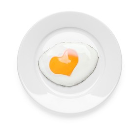 Image of Plate with tasty fried egg with yolk in shape of heart on white background, top view