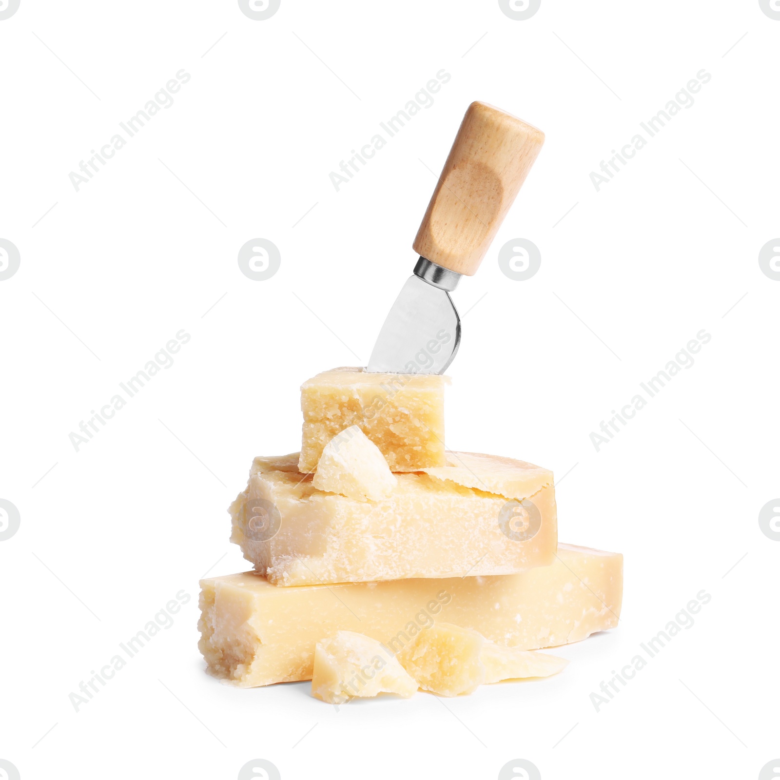 Photo of Delicious parmesan cheese and knife on white background
