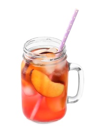 Delicious refreshing peach cocktail in mason jar on white background